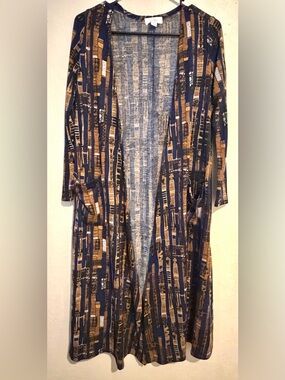 LuLaRoe Sarah Cardigan Blue Brown Abstract Duster Open Front Lightweight-Size XS